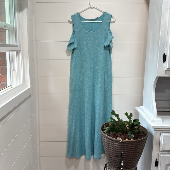 Soft Surroundings Electra Cold Shoulder Blue Maxi Dress Side Pockets Size Small - Picture 4 of 8